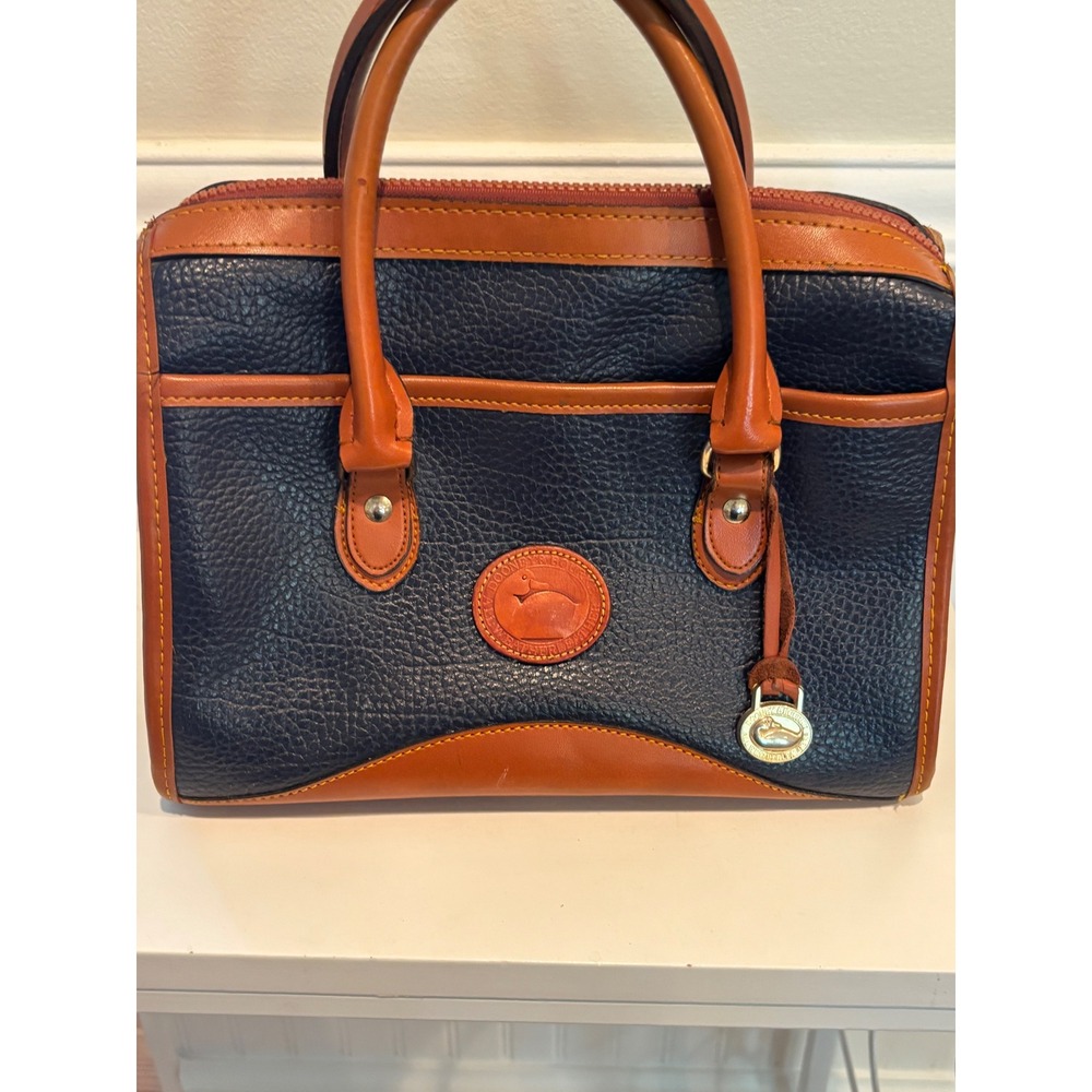 Dooney & Bourke Vintage All Weather Leather Satchel Navy Blue Tan Handbag